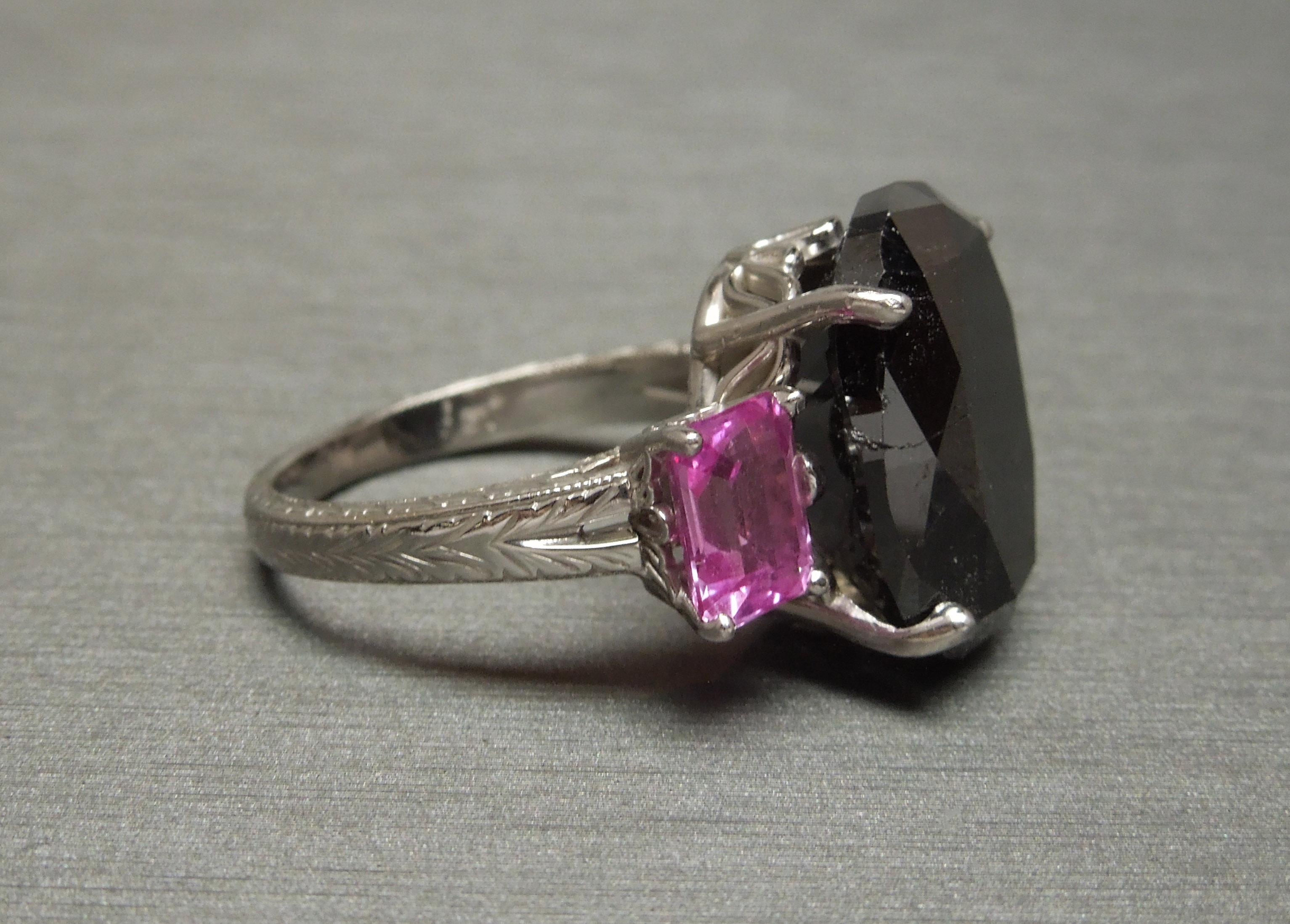 GIA 17.80 Carat Black Diamond and Pink Sapphire Ring For Sale 4