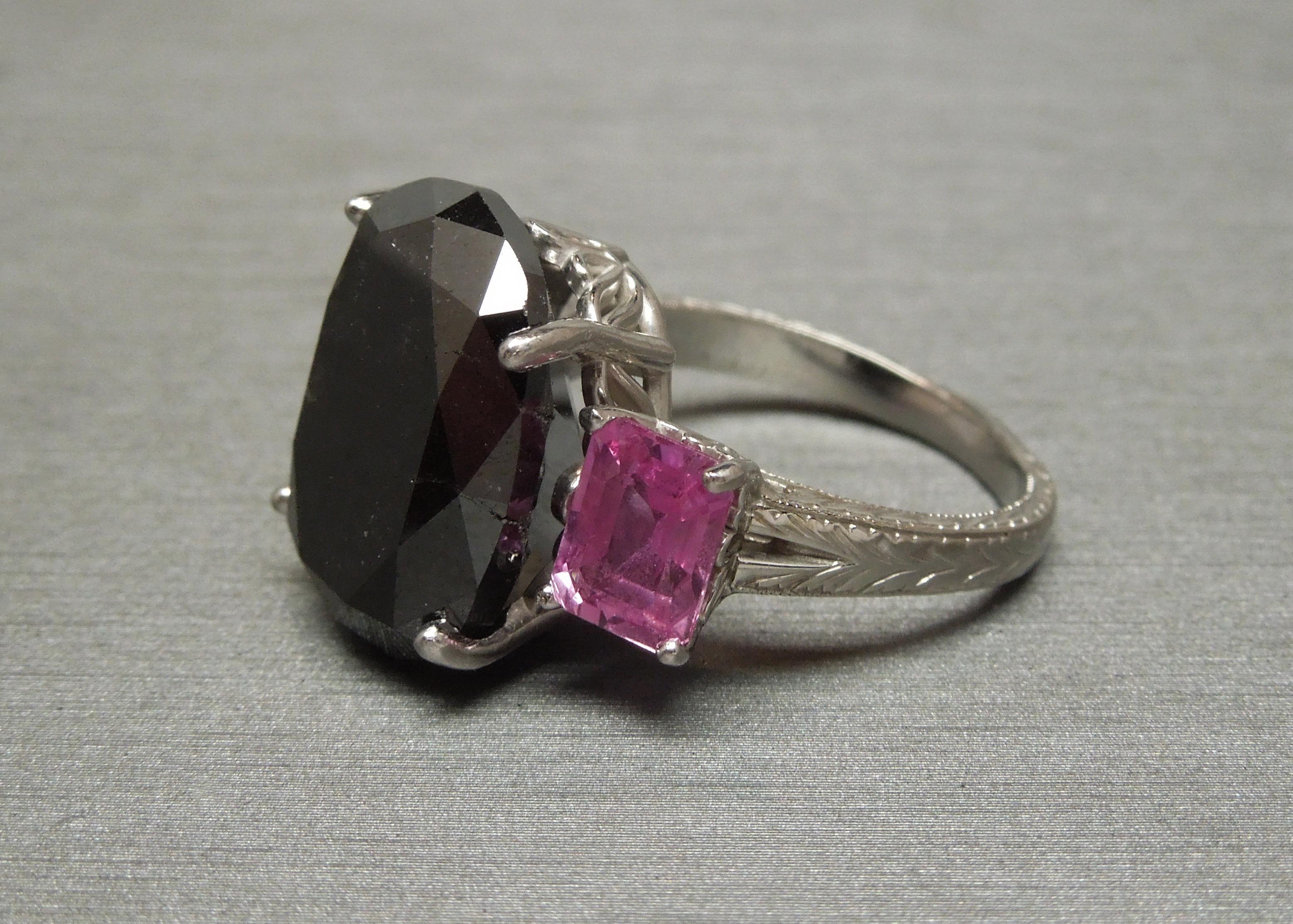 GIA 17.80 Carat Black Diamond and Pink Sapphire Ring For Sale 5