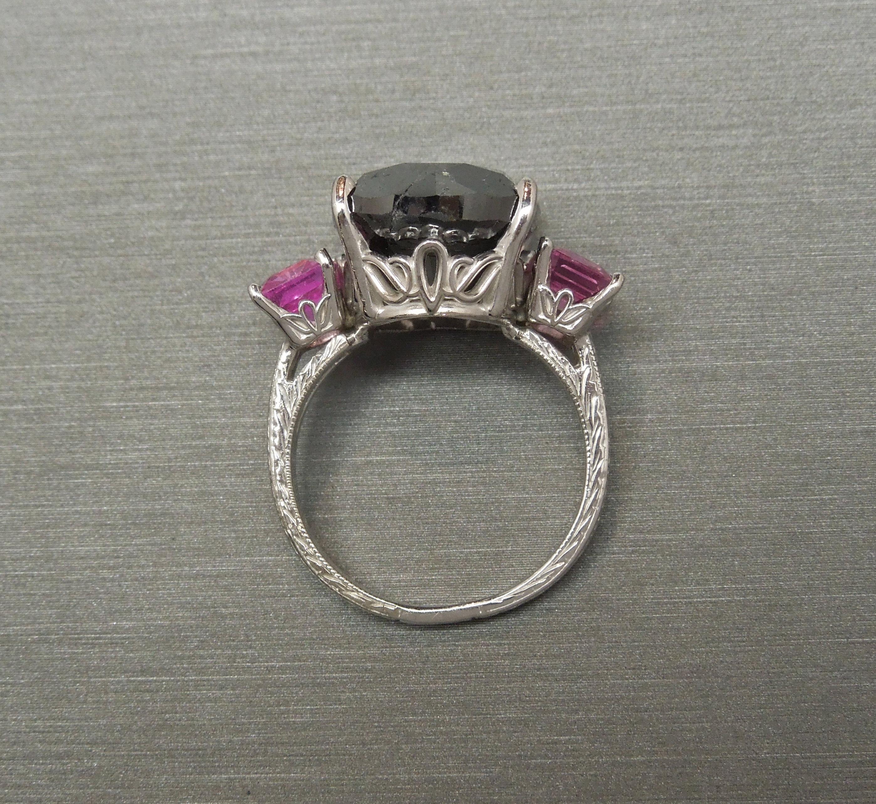 GIA 17.80 Carat Black Diamond and Pink Sapphire Ring For Sale 7