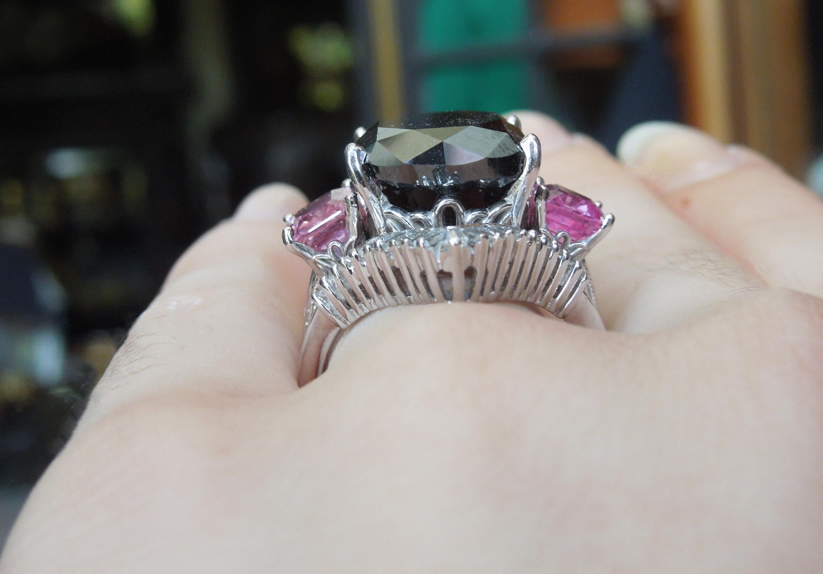 Oval Cut GIA 17.80 Carat Black Diamond and Pink Sapphire Ring For Sale