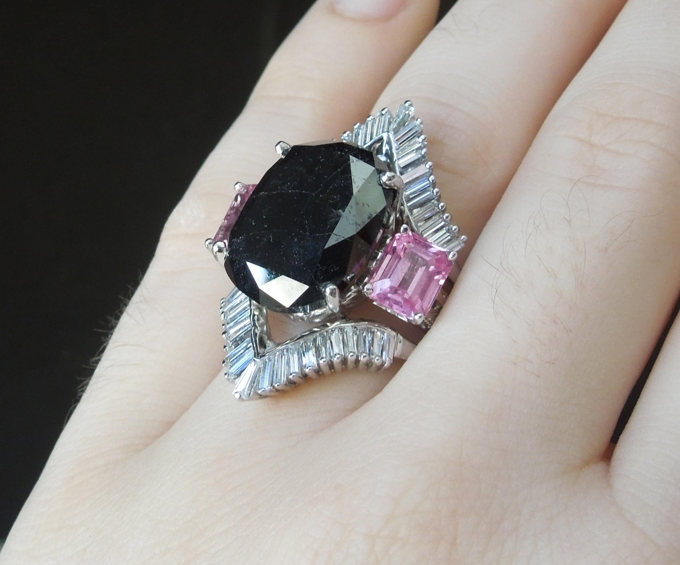 GIA 17.80 Carat Black Diamond and Pink Sapphire Ring In Good Condition For Sale In METAIRIE, LA