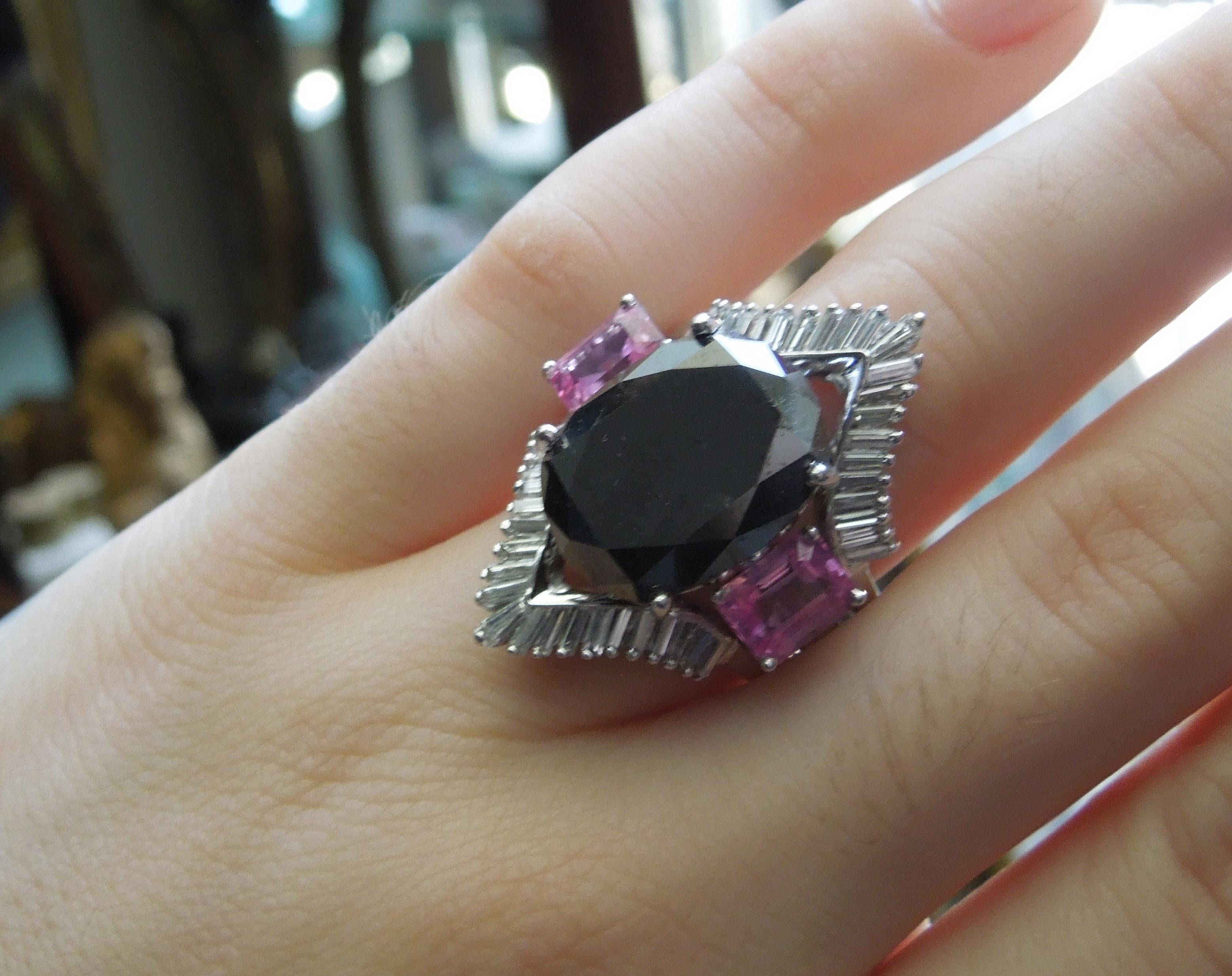 Women's GIA 17.80 Carat Black Diamond and Pink Sapphire Ring For Sale