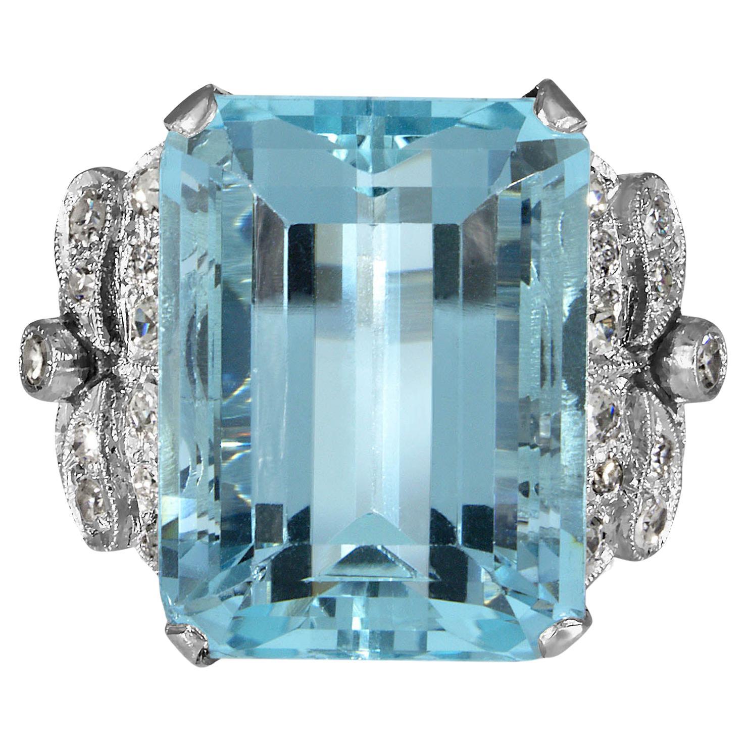 GIA 17.85ct Art Deco Natural Aquamarine Diamond Fashion Right Hand Ring Platinum