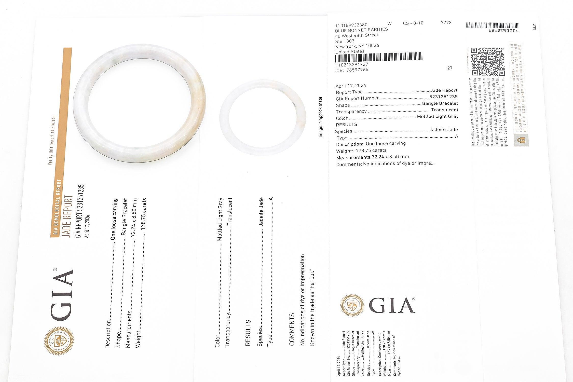 GIA 178.75Ct Translucent Mottled Light Gray Grade A Jadeite Jade Bangle Bracelet For Sale 1