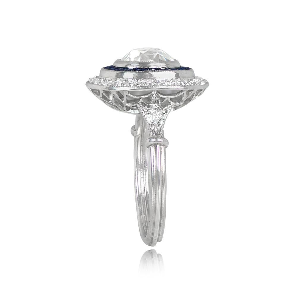Art Deco GIA 1.78ct Cushion Cut Diamond Engagement Ring, Diamond&Sapphire Halo, Platinum For Sale