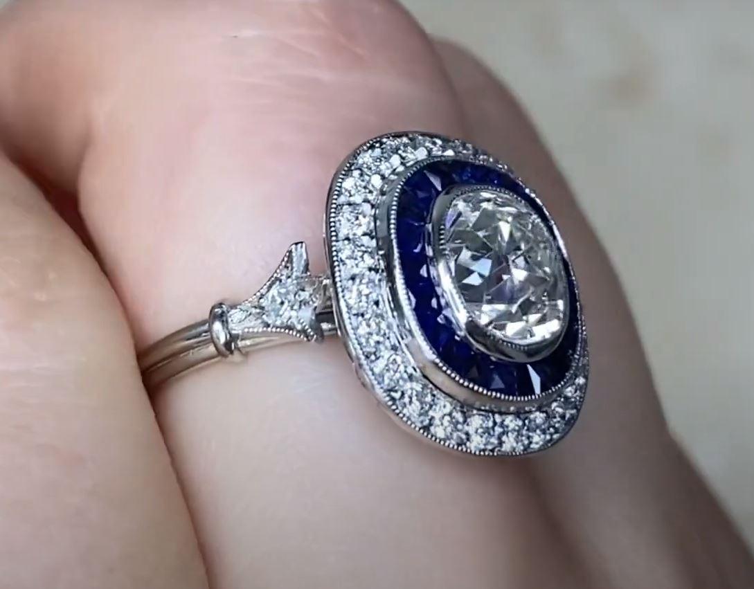 Women's GIA 1.78ct Cushion Cut Diamond Engagement Ring, Diamond&Sapphire Halo, Platinum For Sale