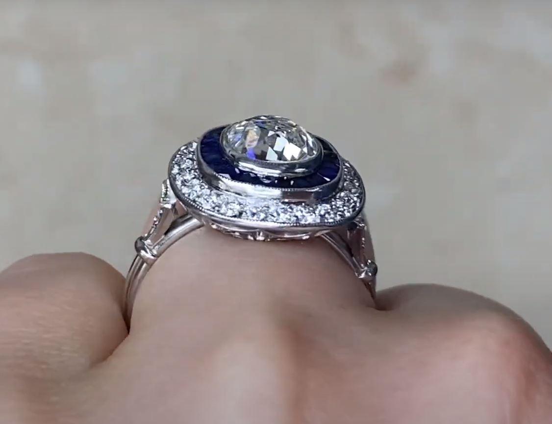 GIA 1.78ct Cushion Cut Diamond Engagement Ring, Diamond&Sapphire Halo, Platinum For Sale 2