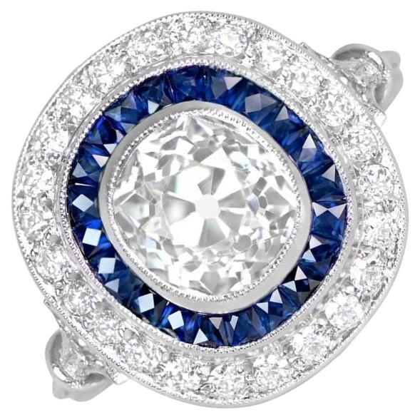 GIA 1.78ct Cushion Cut Diamond Engagement Ring, Diamond&Sapphire Halo, Platinum For Sale