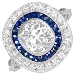 GIA 1.78ct Cushion Cut Diamond Engagement Ring, Diamond&Sapphire Halo, Platinum
