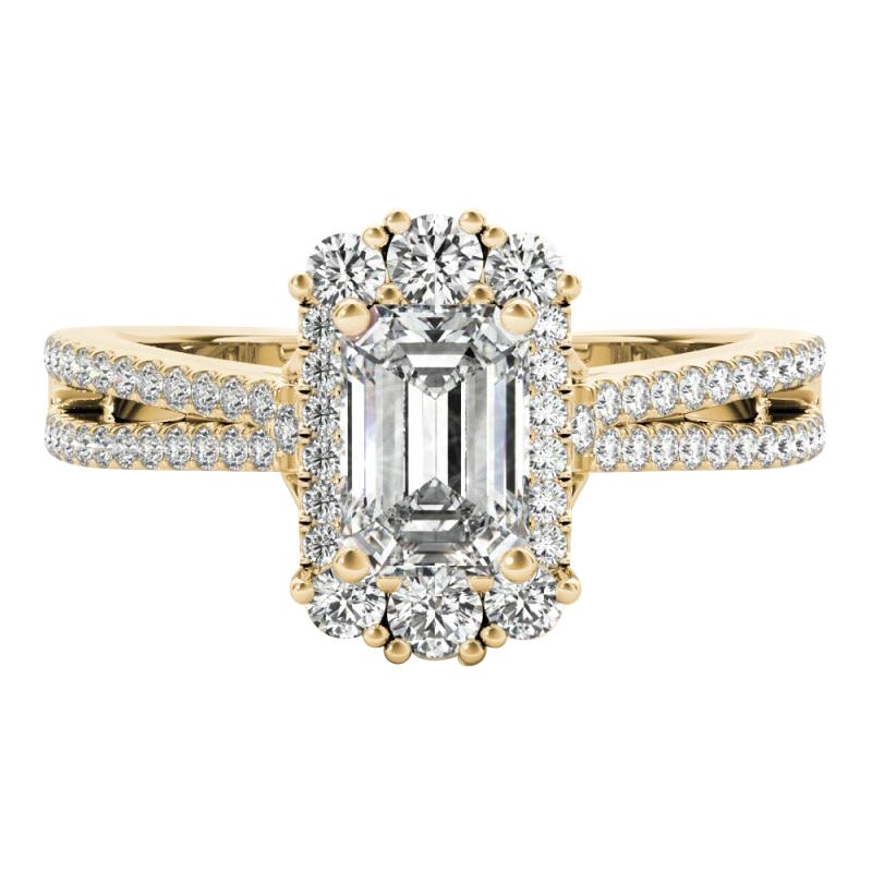 GIA 1.7ct Emerald Snowflake Cluster Split Shank 18K Yellow Gold Diamond Ring