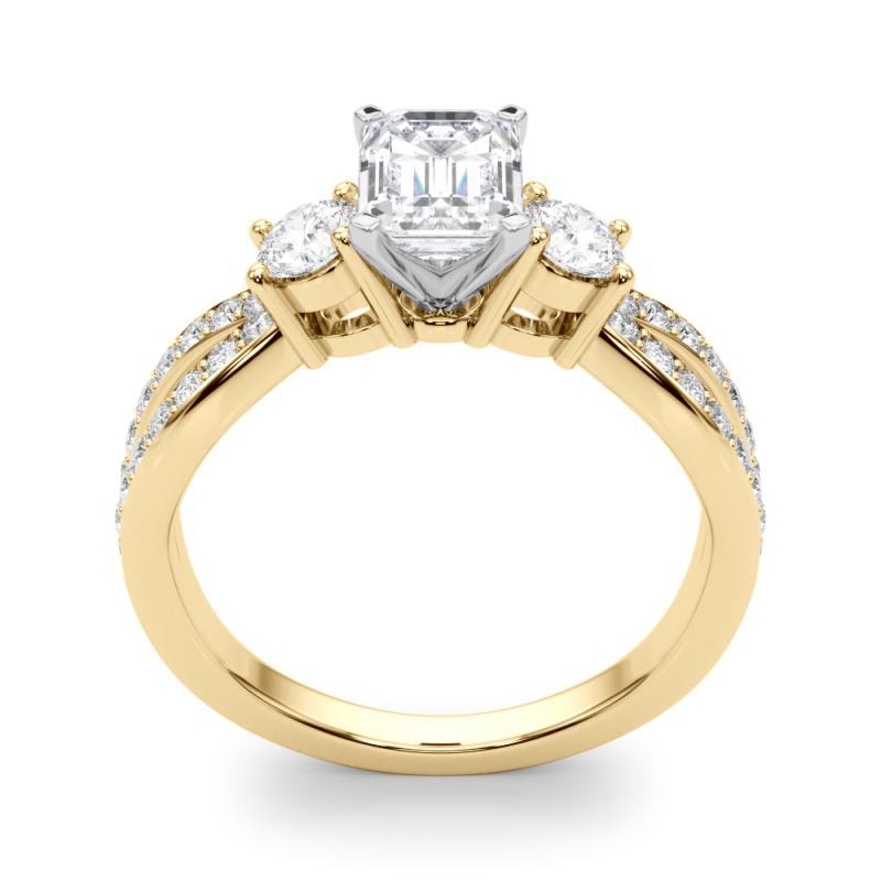 De las mujeres GIA Esmeralda de 1,7 ct Anillo de diamantes de oro amarillo de 18 quilates de tres piedras con vástago partido y pavé en venta