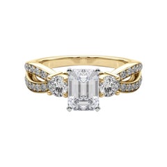 GIA Esmeralda de 1,7 ct Anillo de diamantes de oro amarillo de 18 quilates de tres piedras con vástago partido y pavé