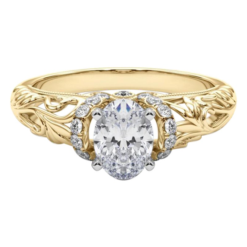 GIA 1,7ct Anello con diamanti ovali Chevron Halo Floral Filigree in oro giallo 18K