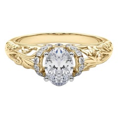 GIA 1.7ct Oval Chevron Halo Floral Filigree 18K Yellow Gold Diamond Ring