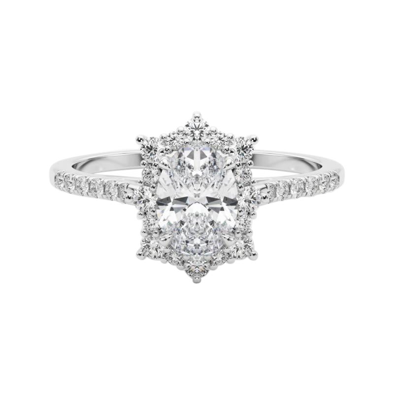 GIA 1.7ct Anello ovale vintage con fiocco di neve e aureola in oro bianco