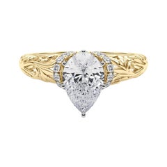 GIA 1.7ct Pear Chevron Halo Floral Filigree 18K Yellow Gold Diamond Ring