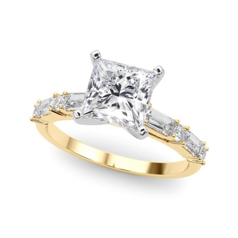 Taglio princess GIA 1,7ct Principessa rotonda e Baguette Anello con diamante a canale in oro giallo 18K in vendita