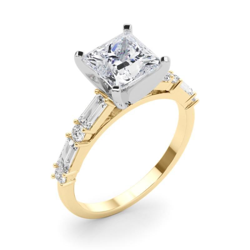 Donna GIA 1,7ct Principessa rotonda e Baguette Anello con diamante a canale in oro giallo 18K in vendita