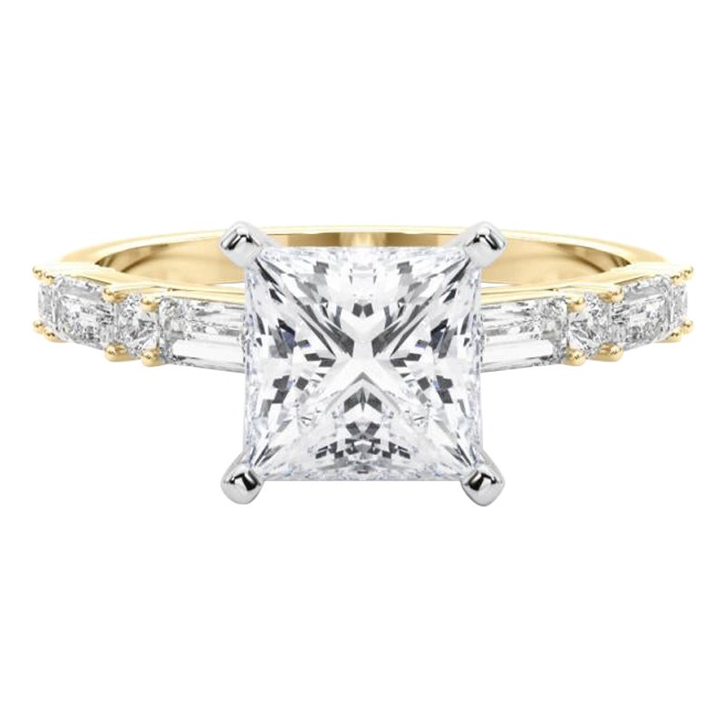 GIA 1,7ct Principessa rotonda e Baguette Anello con diamante a canale in oro giallo 18K