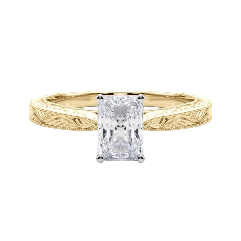 GIA 1.7ct Radiant Classic Solitaire Antique Gravé Bague diamant en or jaune