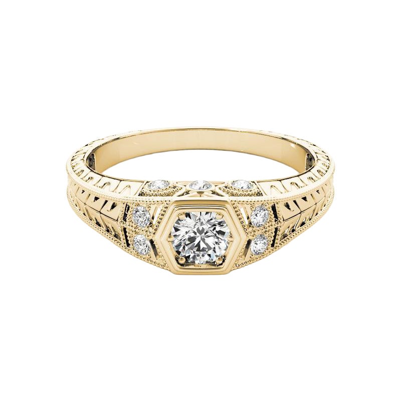 GIA 1,7ct Anello con diamante rotondo a filigrana inciso a fiore in oro giallo 18 carati