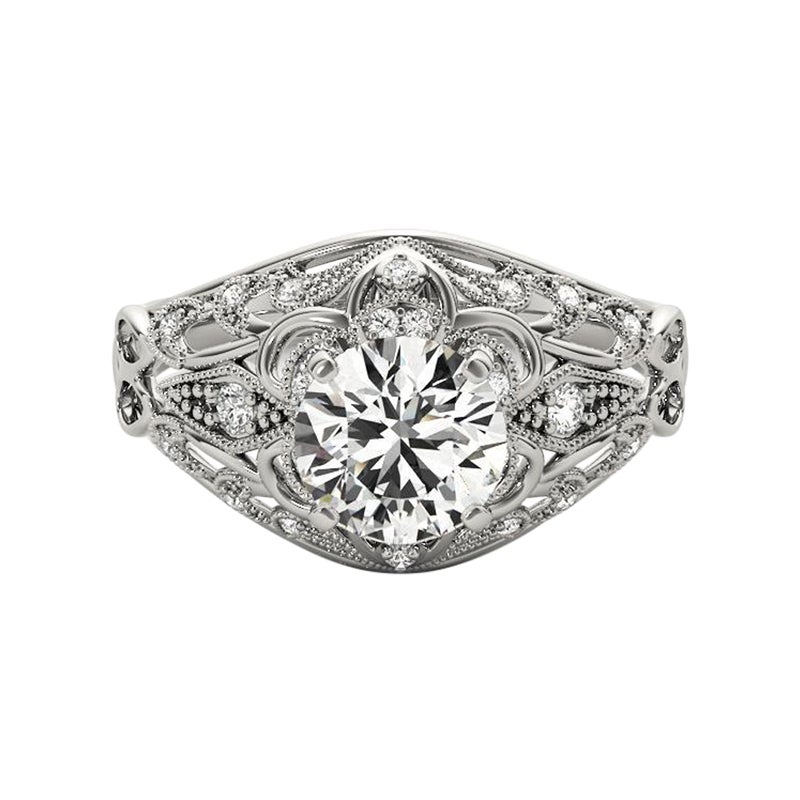 GIA 1,7ct Anello con diamante rotondo aureolato a traliccio affusolato in oro bianco 18 carati