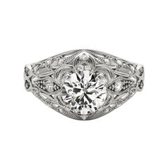 GIA 1,7ct Anello con diamante rotondo aureolato a traliccio affusolato in oro bianco 18 carati