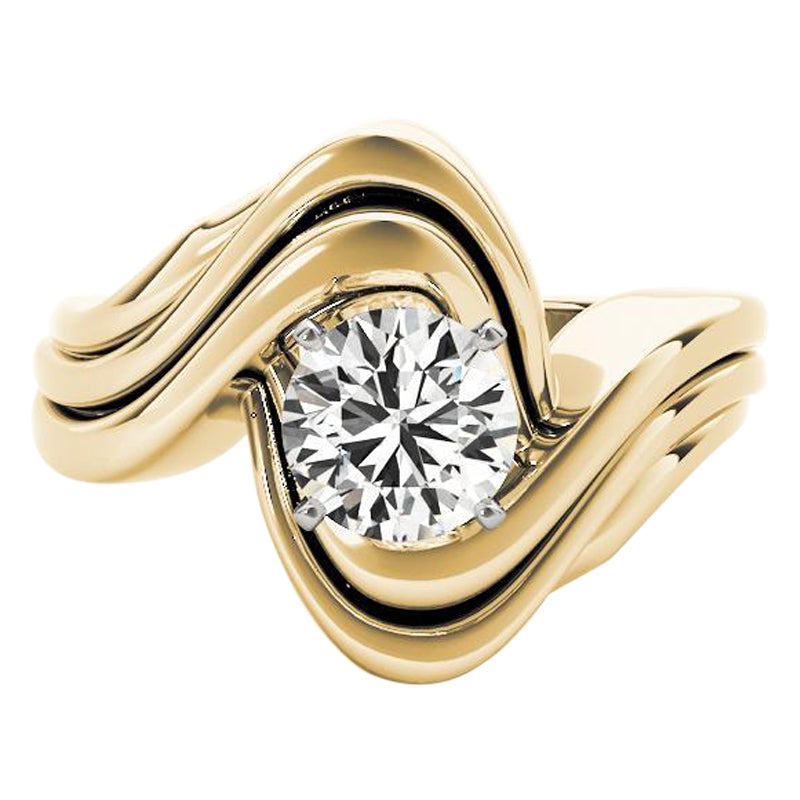 GIA 1,7ct Anello con diamante rotondo moderno solitario a nastro curvo in oro giallo 18 carati
