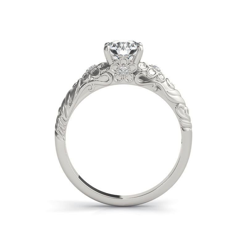 Taglio rotondo GIA 1,7ct Solitario rotondo con fiore inciso a forma di vite in oro bianco 18 carati in vendita