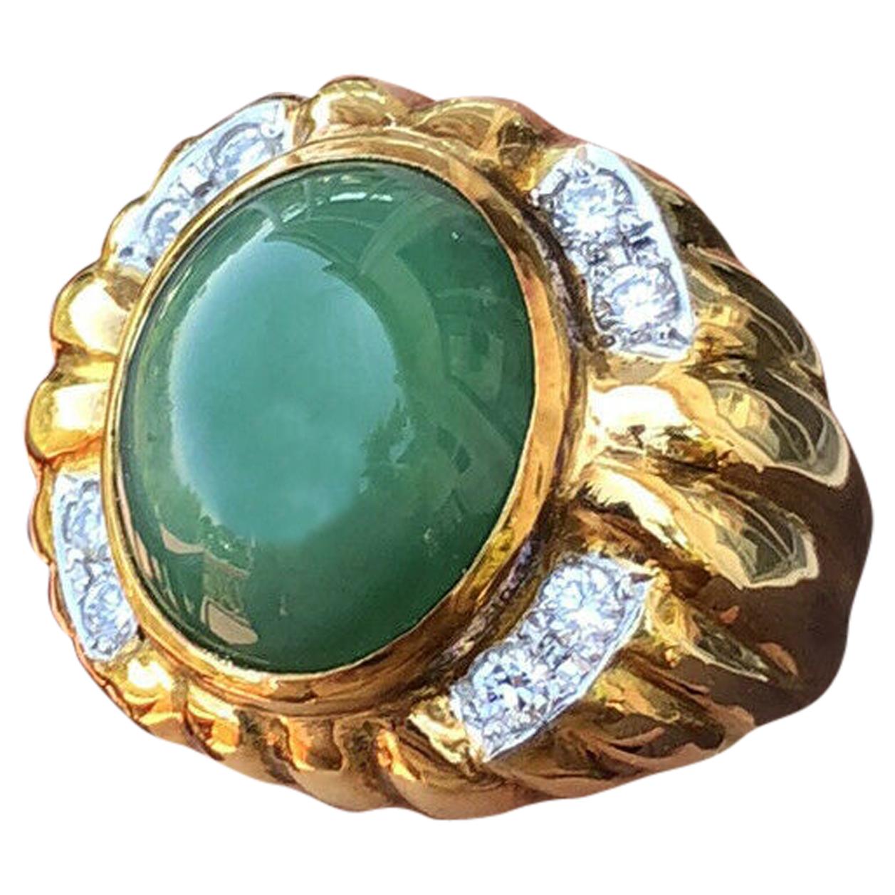 GIA 18 Karat Gold Natural Untreated Jadeite Jade A Diamond Ring 9.54 Carat 15g