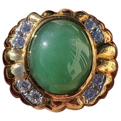 GIA 18 Karat Yellow Natural Jadeite Jade A Diamond Ring 9.54 Carat 16g