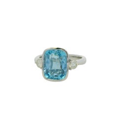 GIA 18 White Gold Natural Cushion Cut Aquamarine & Diamond Bezel Set Ring