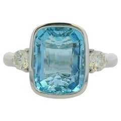 GIA 18 White Gold Natural Cushion Cut Aquamarine & Diamond Bezel Set Ring