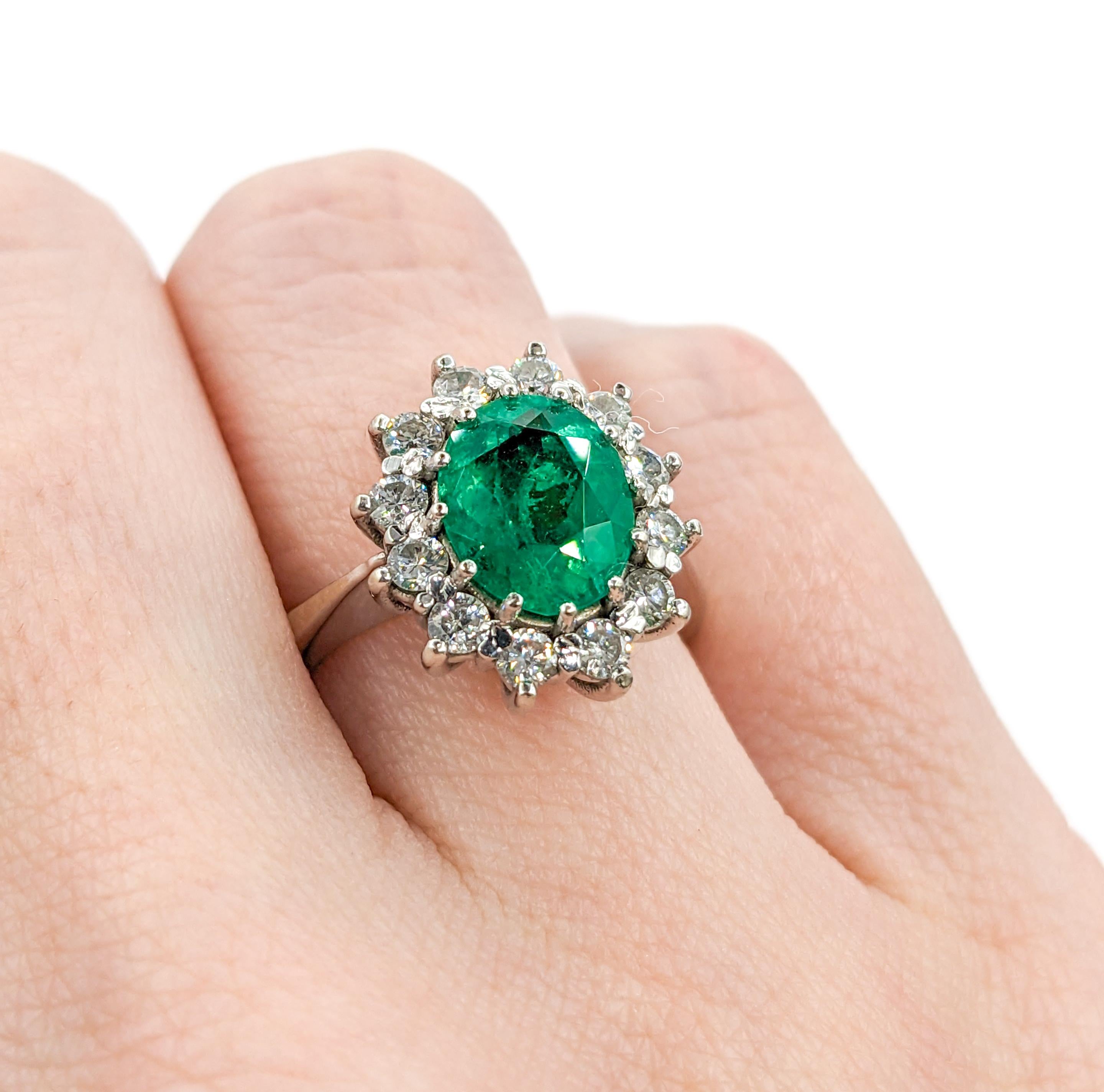 Modern GIA 1.80ct Columbian Emerald & Diamond Halo Ring in White Gold For Sale