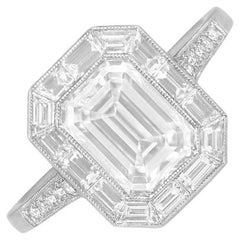 GIA 1.80ct Emerald Cut Diamond Engagement Ring, H Color, Diamond Halo, Platinum