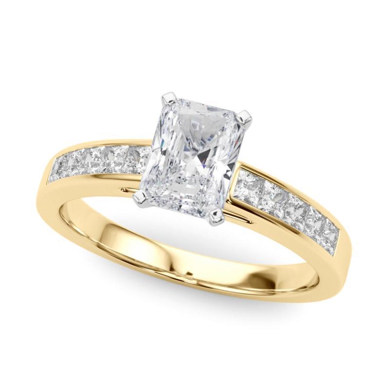 Radiant Cut GIA 1.80ct Radiant Princess Channel Solitaire Center Yellow Gold Diamond Ring For Sale
