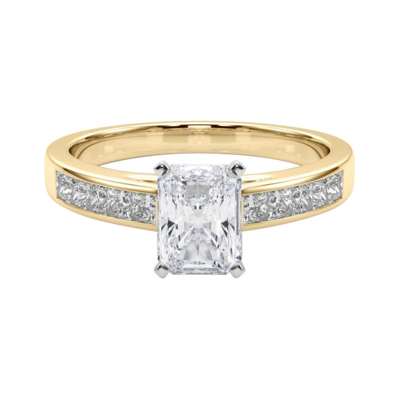 GIA 1.80ct Radiante Princesa Canal Solitario Centro Anillo de Diamantes de Oro Amarillo