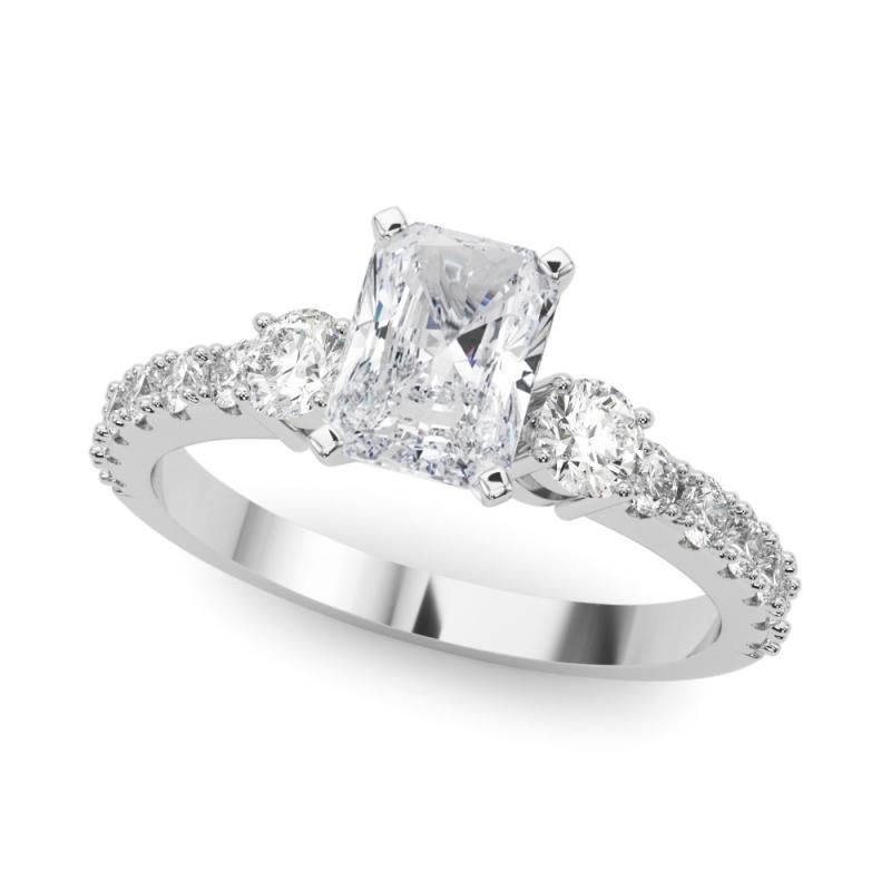 Radiant Cut GIA 1.80ct Radiant Three-Stone with Diamond Shank 18K White Gold Diamond Ring For Sale