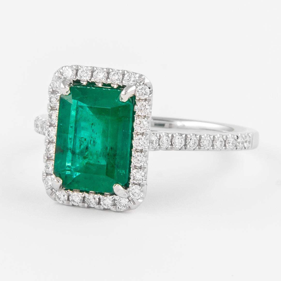 Emerald Cut GIA 1.81 carat Emerald and Diamond Halo Ring 18k White Gold For Sale