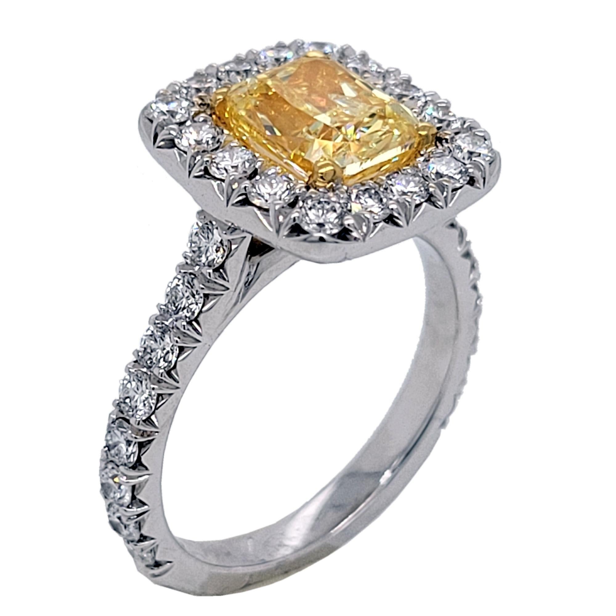 Contemporary GIA 1.81 Carat Fancy Intense Yellow French Pave Set 18 Karat Ring with Halo For Sale