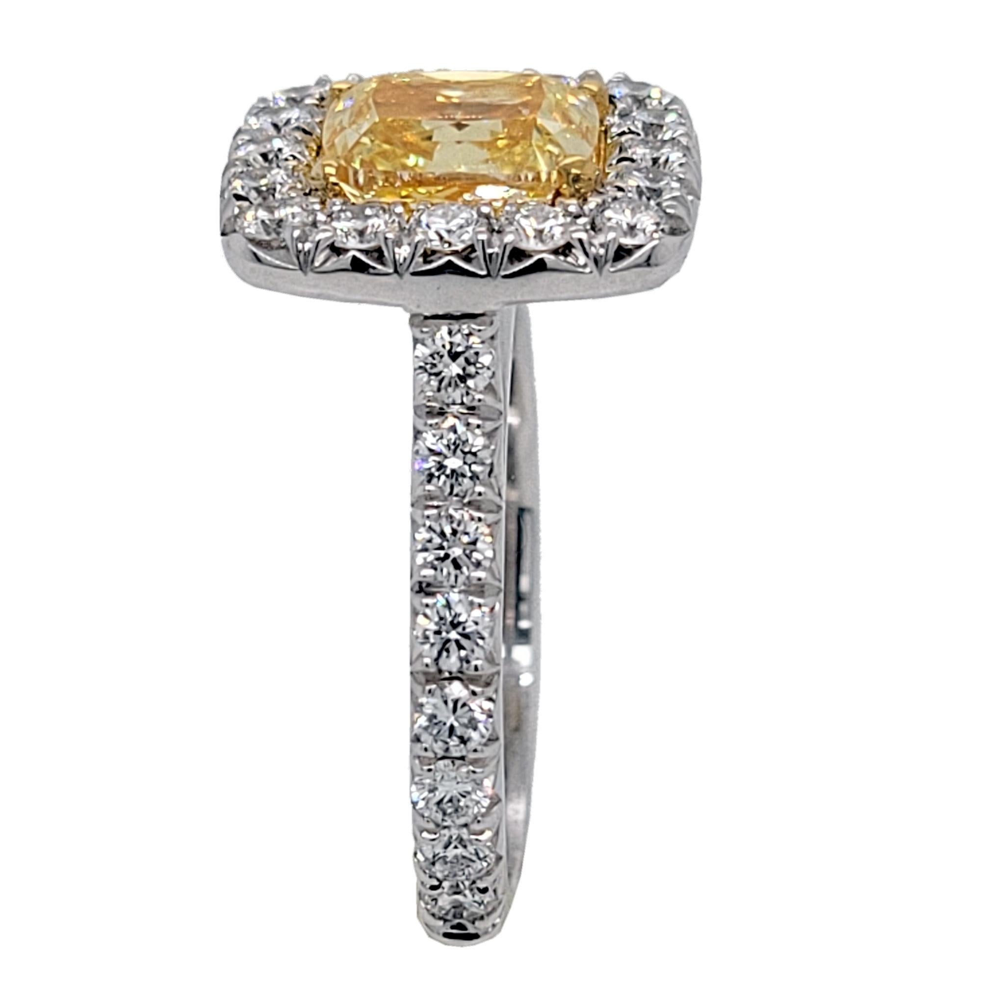 Cushion Cut GIA 1.81 Carat Fancy Intense Yellow French Pave Set 18 Karat Ring with Halo For Sale