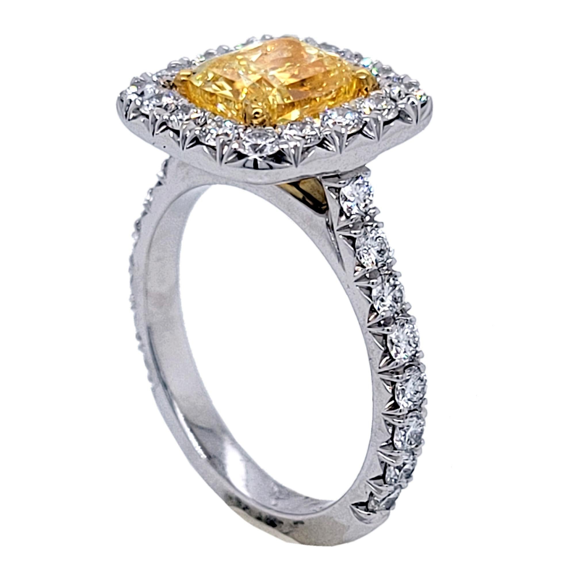GIA 1.81 Carat Fancy Intense Yellow French Pave Set 18 Karat Ring with Halo In New Condition For Sale In Los Angeles, CA