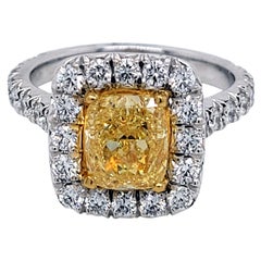 GIA 1.81 Carat Fancy Intense Yellow French Pave Set 18 Karat Ring with Halo
