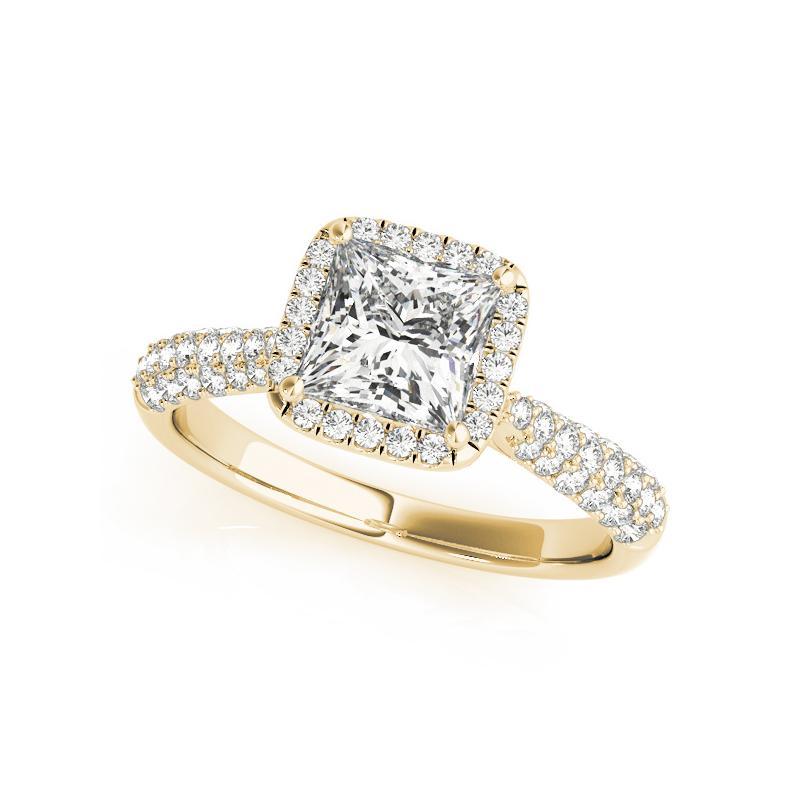 Taille princesse GIA 1.81 Carat Princess Solitaire Square Halo Pave Bague diamant en or jaune 18K en vente