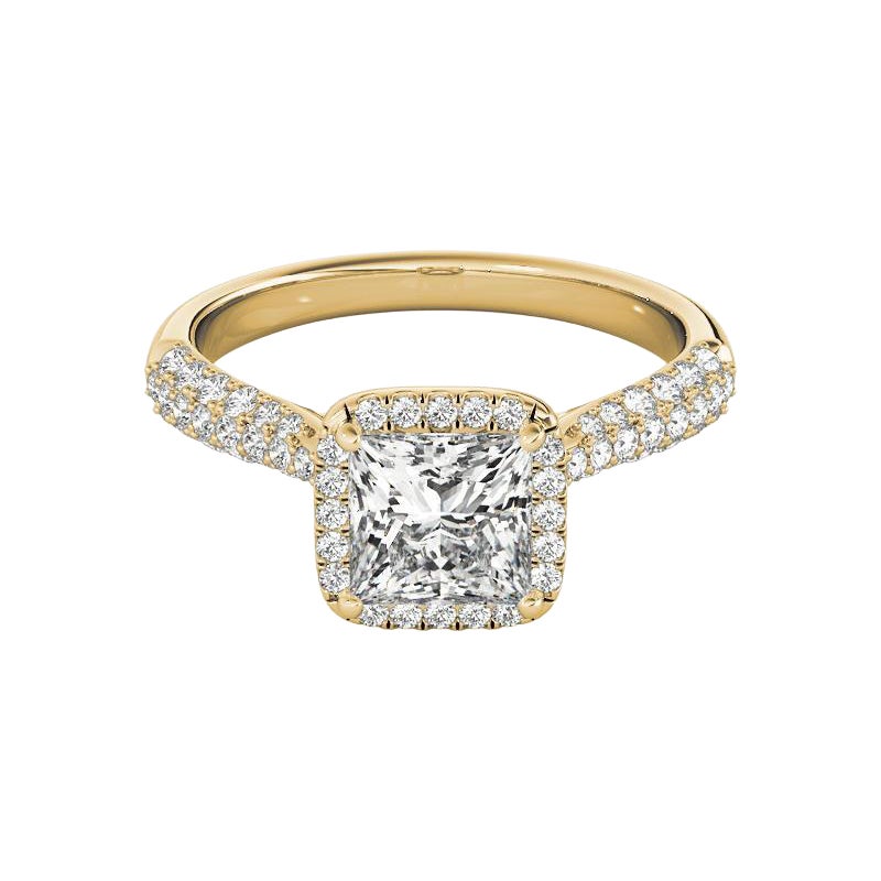 GIA 1,81 Carati Principessa Solitario Quadrato Halo Pave Anello di diamanti in oro giallo 18K