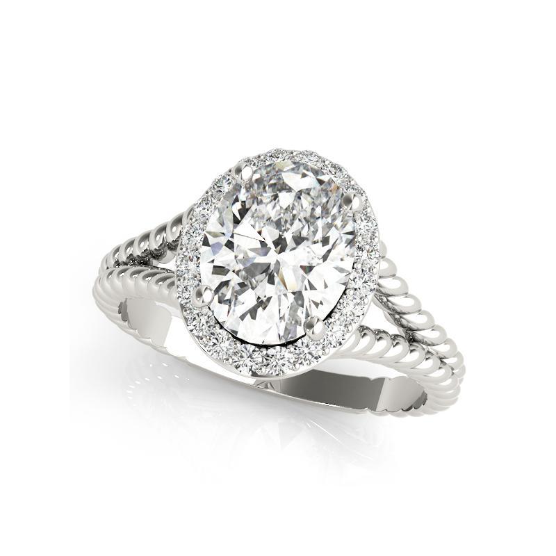 Taille ovale GIA 1.81 Carat Twisted Rope Split Shank Oval Halo 18K White Gold Diamond Ring en vente