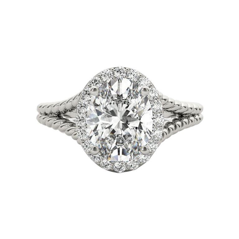 GIA 1.81 Carat Twisted Rope Split Shank Oval Halo 18K White Gold Diamond Ring en vente