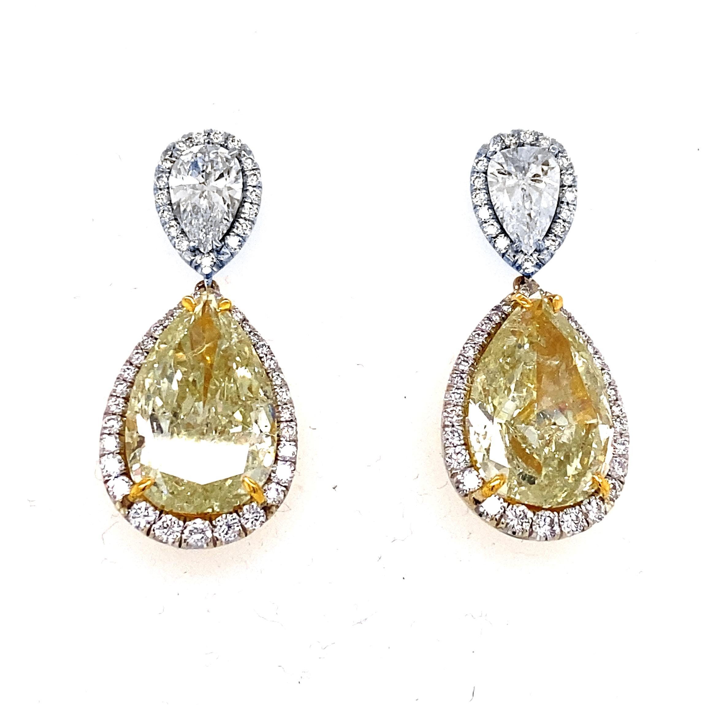 GIA 18.18 Ct Fancy Yellow Pear Shape Dangling Earring 'Total 22.97 Ct' For Sale 1