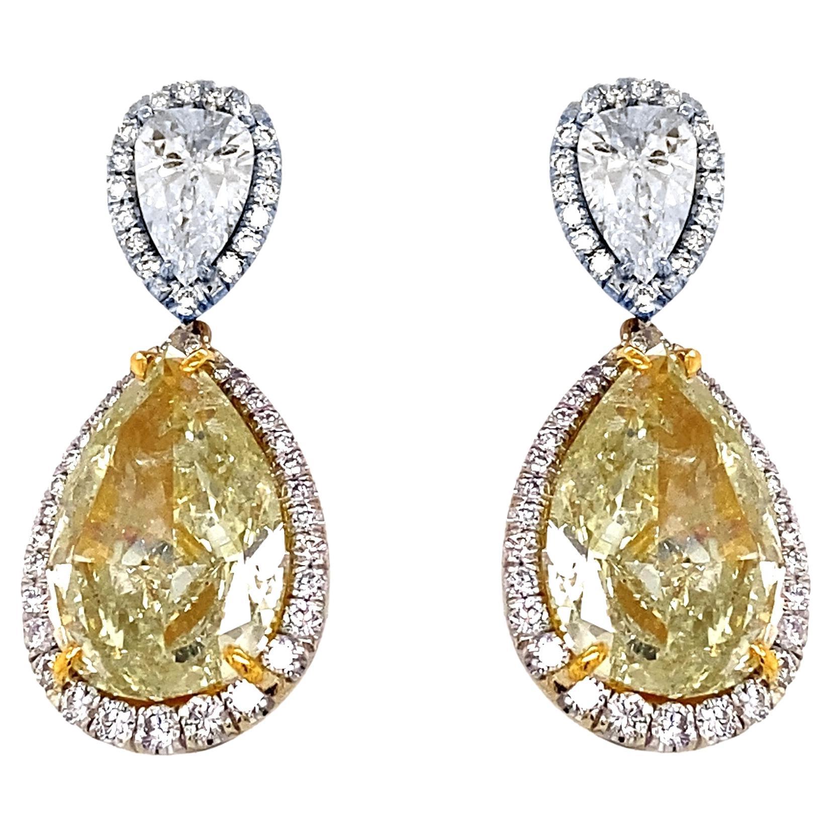 GIA 18.18 Ct Fancy Yellow Pear Shape Dangling Earring 'Total 22.97 Ct' For Sale
