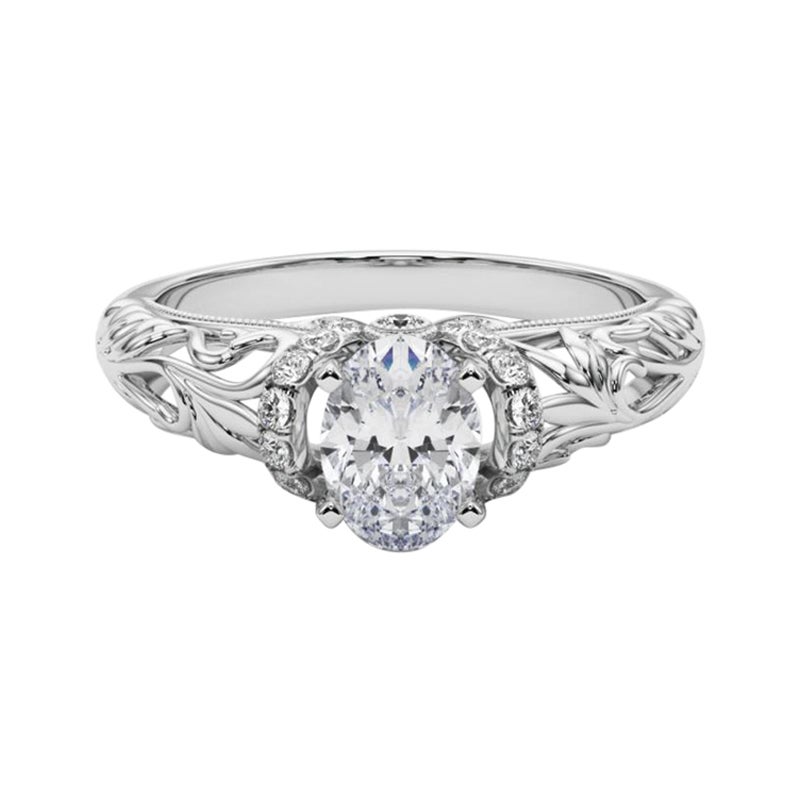 GIA 1,81ct Anello di diamanti ovali Chevron Halo Floral Filigree in oro bianco 18 carati